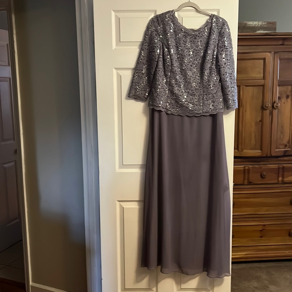 Long lavender mother of the bride dress with sequins top.
